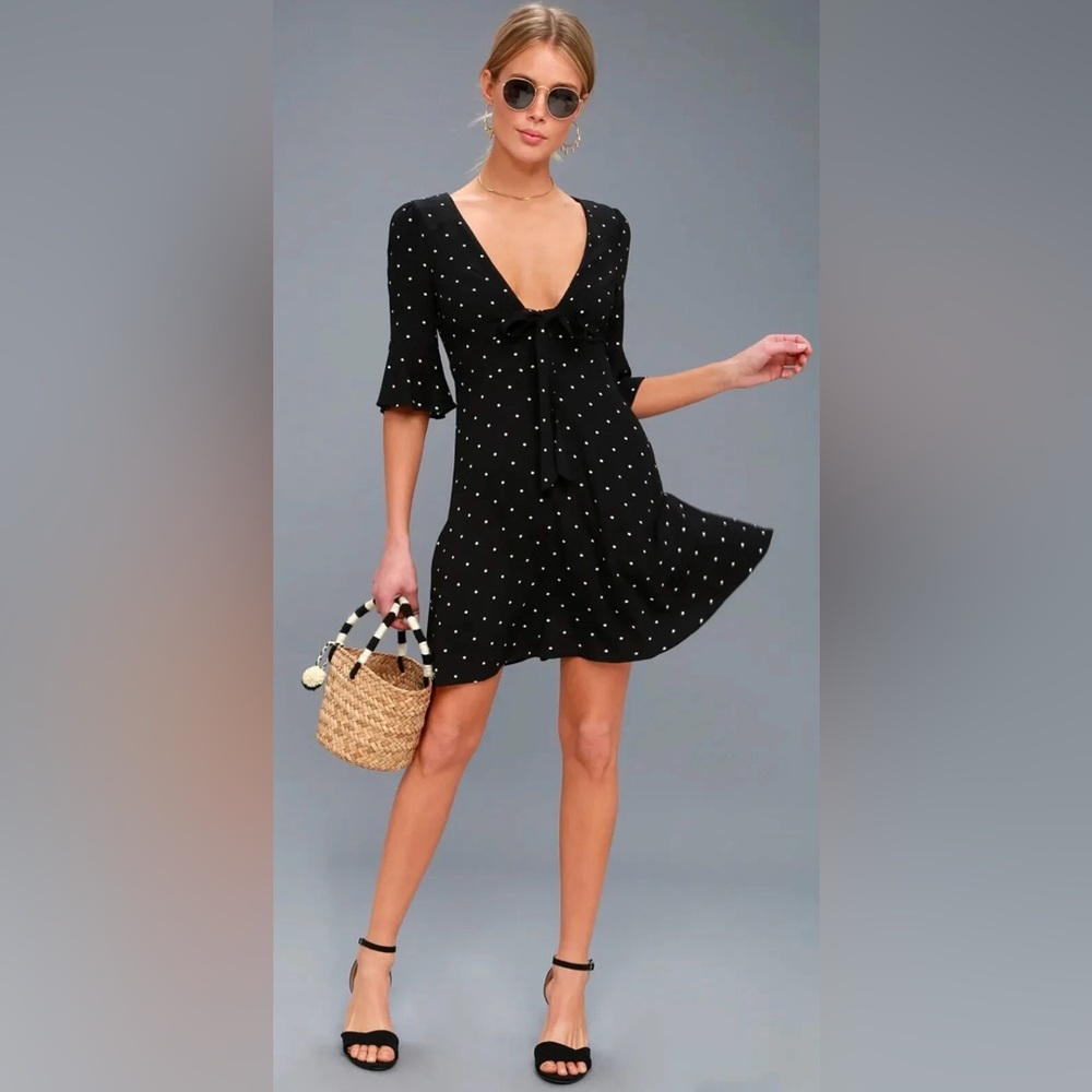 Free People Elegant Black White Polka Dot V Neck Front Tie Dress Size 6